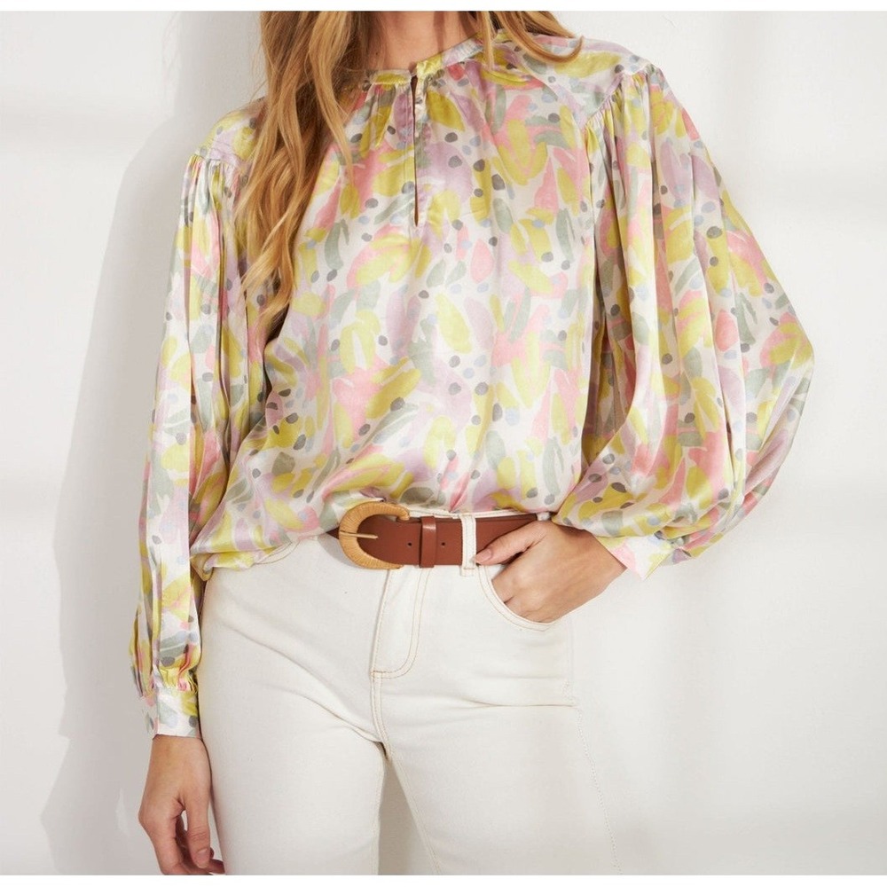 Lolita Pastel‎ Abstract Floral Balloon Sleeve Blouse Size Large NWT